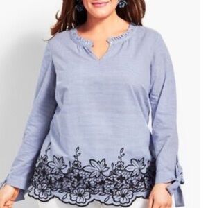 Talbots • Striped Blue Blouse Embroidered‎ Hem Tie Sleeves 2X Preppy Casual